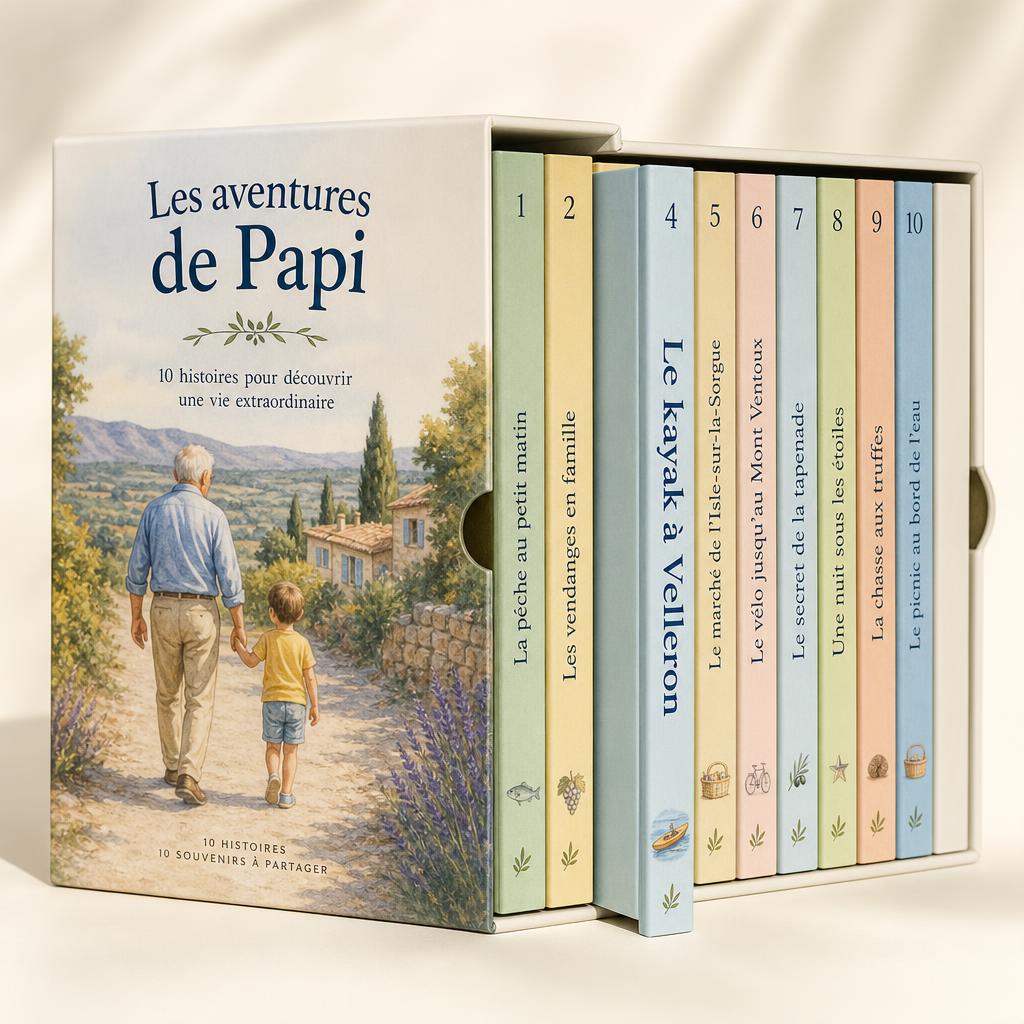 Coffret de dix petits livres numérotés intitulé Les aventures de Papi, avec le tome 4 Le kayak à Velleron visible