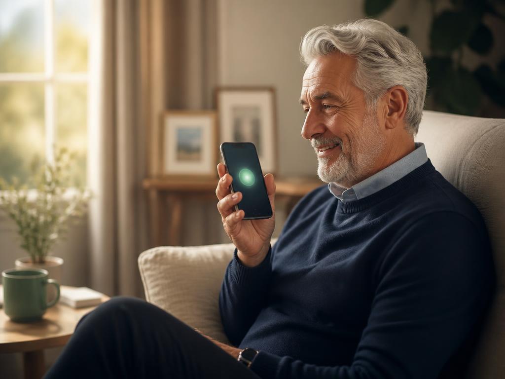 Un monsieur souriant parle à Emma sur son smartphone, assis confortablement dans son fauteuil
