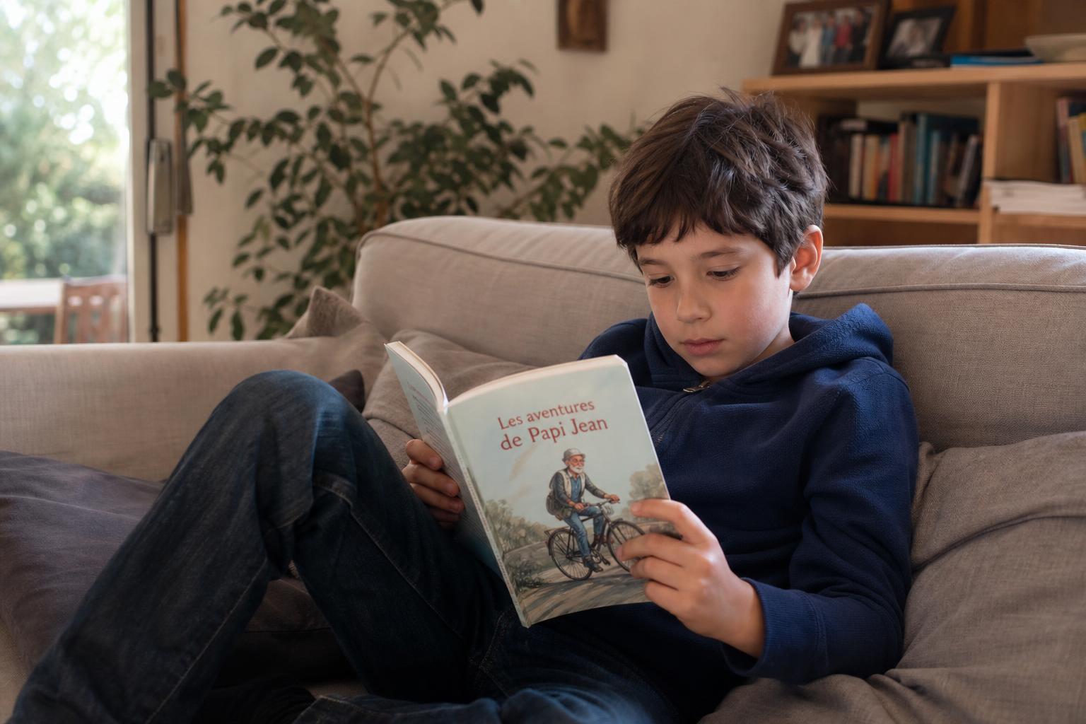 Un enfant lit Les aventures de Papi Jean dans le salon familial