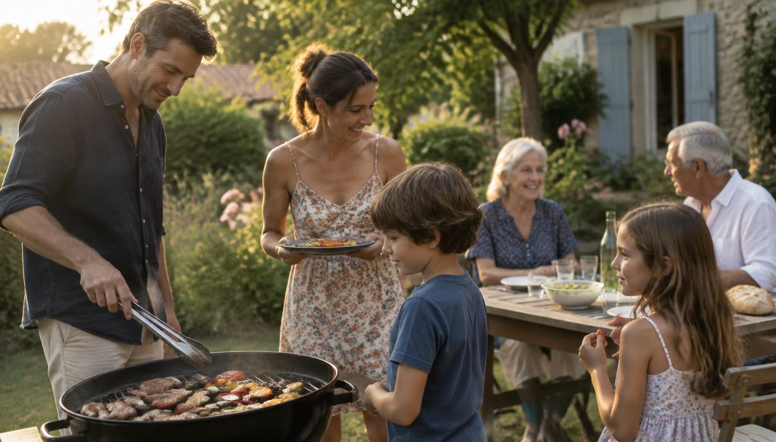 Une famille réunie autour d'un barbecue dans un jardin, trois générations ensemble