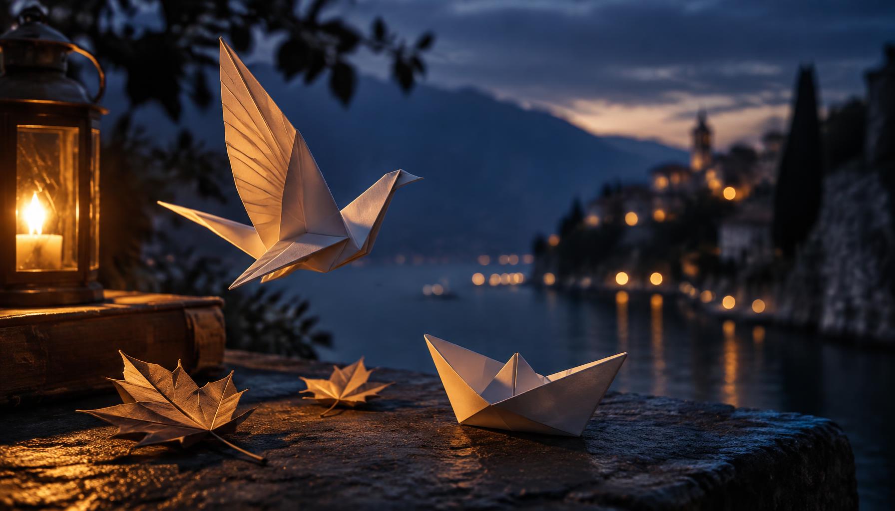 Origami délicat éclairé par une lanterne au crépuscule, symbole de mémoire et de récit