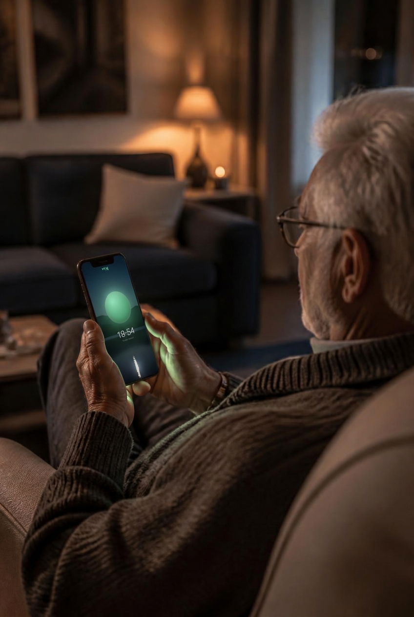 Une personne âgée parle à Emma depuis son téléphone, le bouton d'écoute est allumé à l'écran